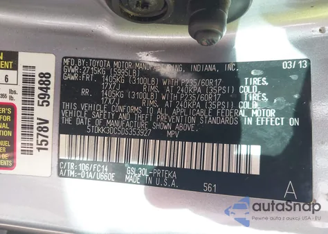 2013 Toyota Sienna Le V6 8 Passenger from USA, damaged, VIN 5TDKK3DC5DS353927